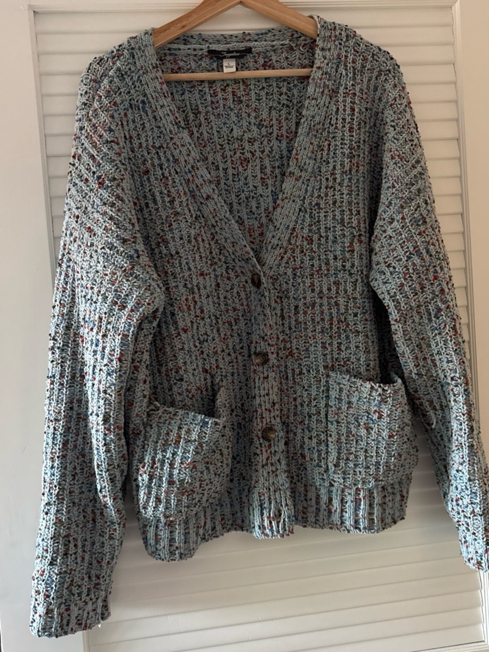 Oversized V-Neck Button Cardigan Jacket - Light Blue Multi